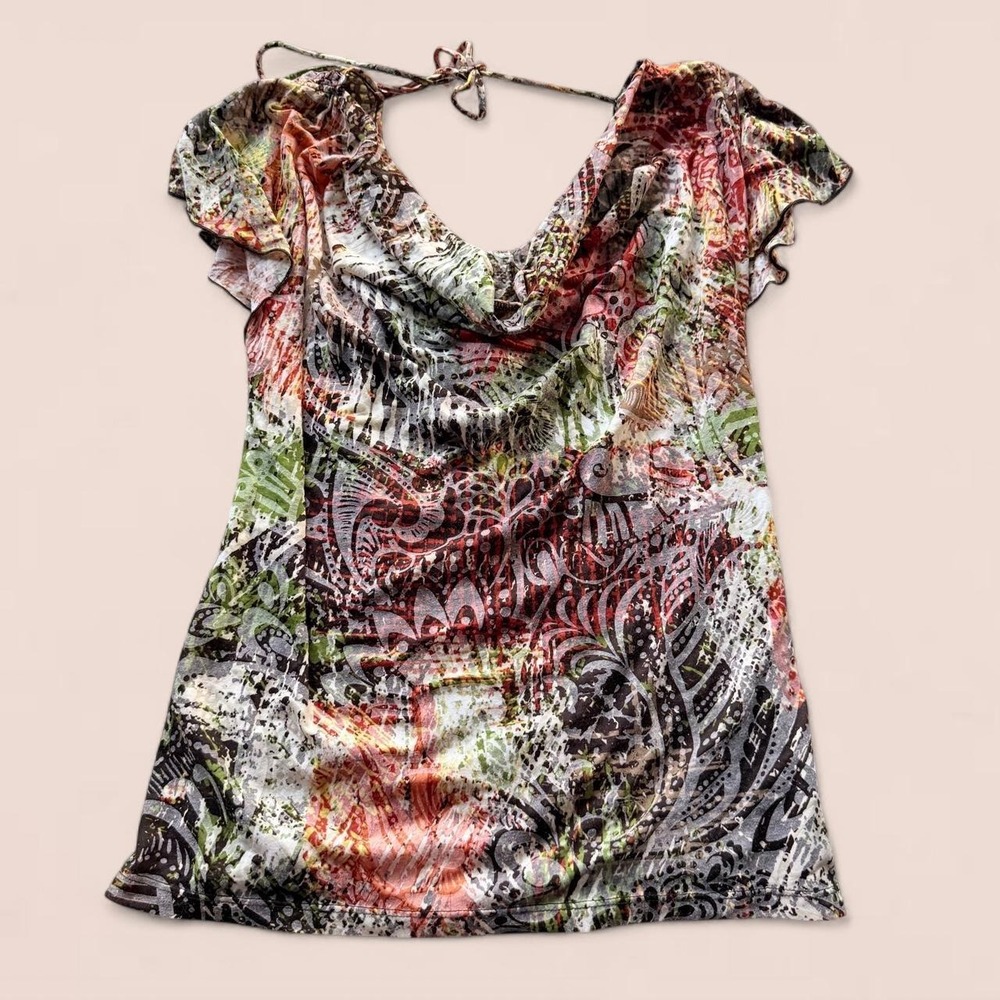 AB Studio Women's Medium Cowl Neck Abstract Paisley Flutter Sleeve Top